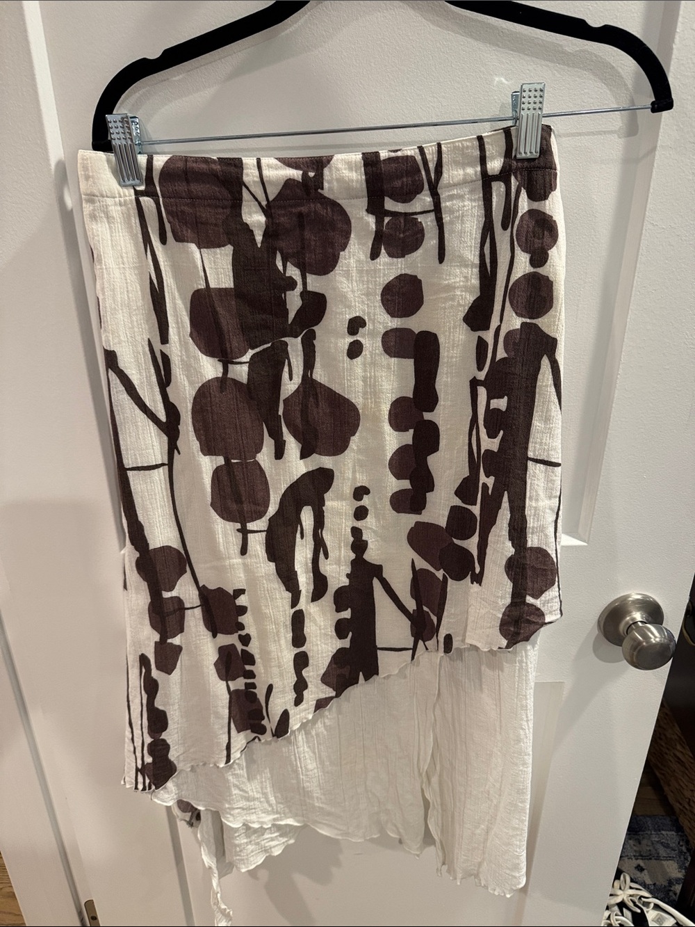 Asymmetrical White Skirt with Dark Brown Abstract Print